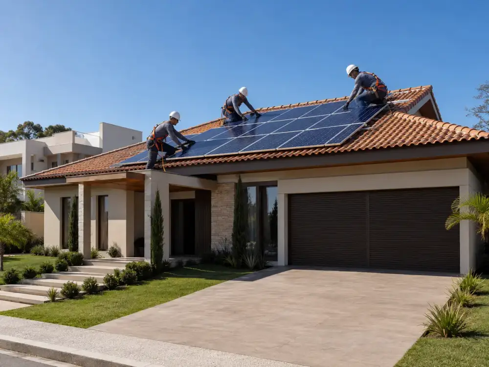 Equipe GL Prime instalando energia solar em telhado residencial